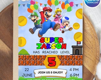 Invitación de cumpleaños de Super Mario, plantilla editable de Canva (digital)
