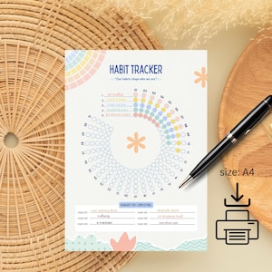 May include: A habit tracker with the text "HABIT TRACKER" and the quote "Our habits shape who we are." The tracker has a circular design with spaces for daily habits. Includes a section for rewards and is A4 size.