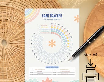 Planificador de hábitos circular imprimible, agenda de autocuidado tamaño A4 (PDF)