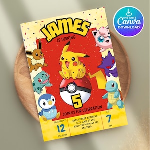 May include: A colorful invitation for a 5th birthday party featuring cartoon characters from the Pokemon franchise. The invitation is yellow, red, and blue with confetti and the text "JAMES IS TURNING 5 JOIN US FOR CELEBRATION SATURDAY 12 MARCH AT 7 PM 5674 STREET ADDRESS CITY AND STATE RSVP TO MOM AT 123 456 7890".