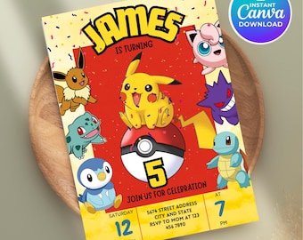 Invitación de cumpleaños de Pokémon, fiesta de Pikachu (plantilla de Canva, descarga digital)