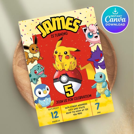 Pokemon Birthday Invitation, Pikachu Party (Canva Template, Digital Download)