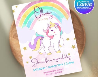 Invitación de cumpleaños de unicornio arcoíris, colores pastel (plantilla digital)