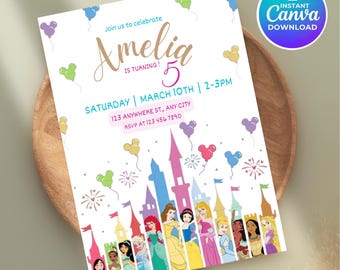 Invitación de cumpleaños de princesa, tema de princesas para niñas (descarga digital)