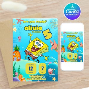 Invito di compleanno Spongebob modificabile / Invito Spongebob / Festa Spongebob / Compleanno Spongebob / Scheda Spongebob Download immediato