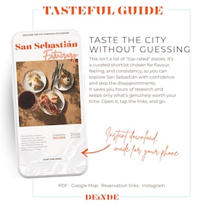 Peut inclure: Un guide numérique intitulé "Tasteful Guide" avec le texte "San Sebastián Eaterary" sur un écran de smartphone. Le guide promet une liste de lieux à explorer dans la ville, avec une option "Téléchargement instantané, fait pour votre téléphone".