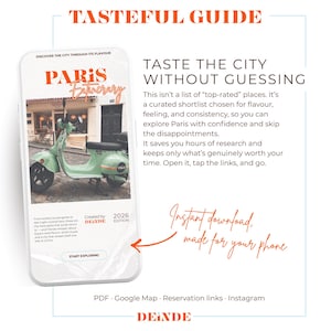 May include: A smartphone screen showing a travel guide app for Paris. The app features a mint green scooter and the text "PARIS Itinerary." The guide promises to help you "Taste the City Without Guessing" and is an instant download.