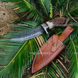 Custom HandMade Damascus Steel Hunting 11in Bowie Knife Deer Horn Handle, Deer Crown Horn Knife & Leather Sheath | Best Christmas Gift