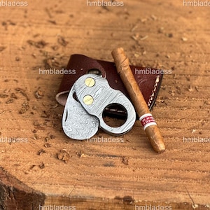 HM Handmade Damascus Steel Cigar Cutter Knife Razor Sharp, Folding Pocket Knife, Damascus Steel Handle With Leather Case, Christmas Gift