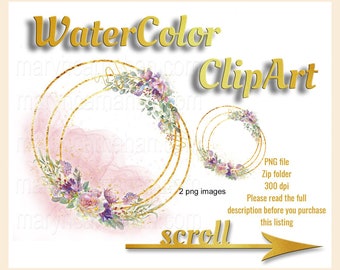 Watercolor Wreath Clipart | Gold Circles | Digital Download | Watercolor  | PNG Files | Stationary Clipart | Clipart | High Resolution Files