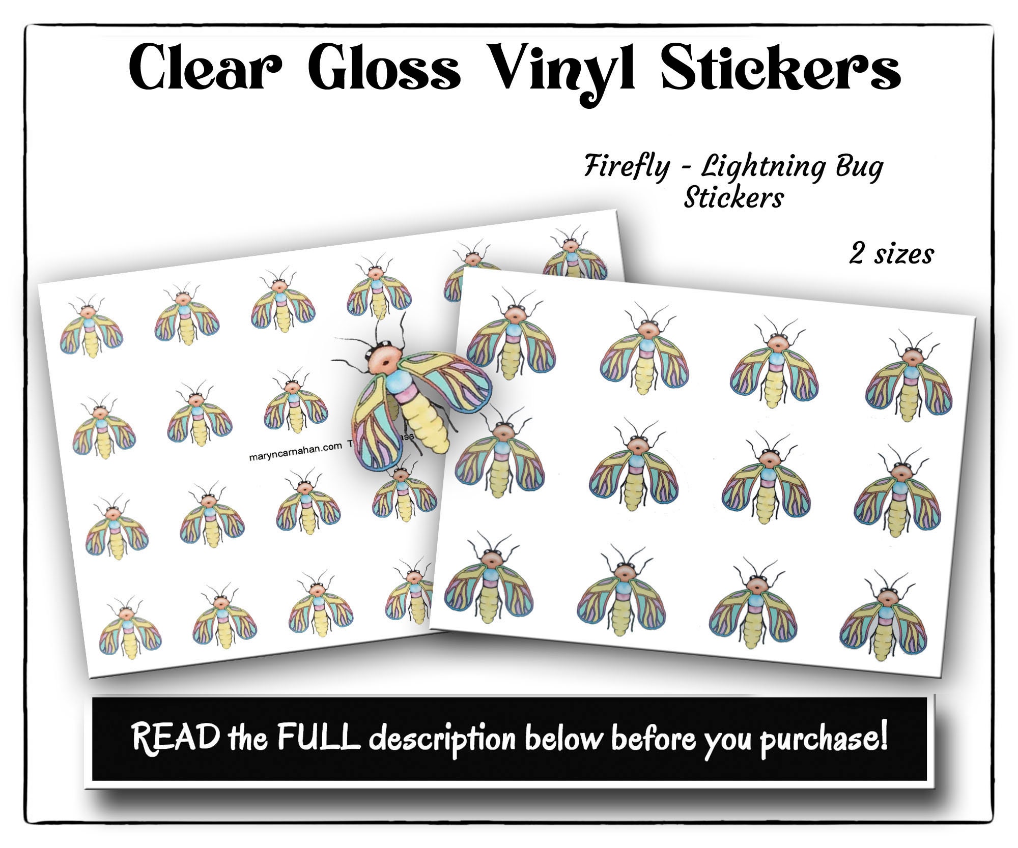 Firefly Clear Gloss Stickers, Lightning Bug Clear Gloss Stickers, Smear Proof Clear Gloss Stickers, Bug Stickers