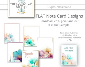 Floral Pastel Flat Note Card Editable 4.5 x 5.5 Inches Digital Download Note Card, Peach Pink Turquoise Flower Note Cards, Bundle 14