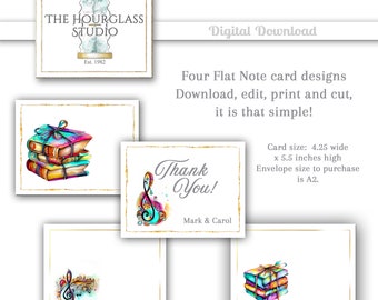 Flat Note Card Editable 4.5 x 5.5 Inches Digital Download Note Card, Edit Print And Cut Cards, Book Note Cards, Music Note Cards, Book 1