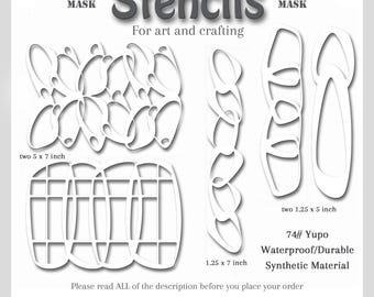 May include: Set of 5 stencils for art and crafting. The stencils are made of 74# Yupo waterproof and durable synthetic material. The stencils include two 5 x 7 inch designs, two 1.25 x 5 inch designs, and one 1.25 x 7 inch design. The stencils are white and have a variety of shapes and patterns.