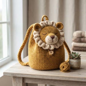 May include: A mustard yellow crochet backpack featuring a lion face design on the front flap. The lion has a textured cream-colored mane, a brown embroidered nose, and closed eyes. A single wooden button secures the flap, and braided straps.