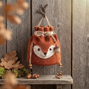 May include: A rust-colored crochet drawstring pouch featuring a fox face design with cream-colored accents, dark eyes, and a black nose. The bag includes a jute cord closure with small wooden beads and a miniature crocheted acorn attached to the string.