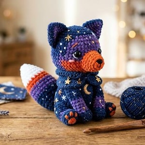 May include: A crocheted fox plush toy featuring a dark blue and purple body with a celestial pattern of stars and moons, an orange snout, and a white-tipped tail. The fox wears a matching cape adorned with small gold star charms and a crescent moon.