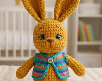 Mosterd konijn haakpatroon pdf, fluwelen amigurumi konijn zelfstudie, DIY knuffeldier voor kinderkamer, digitale download