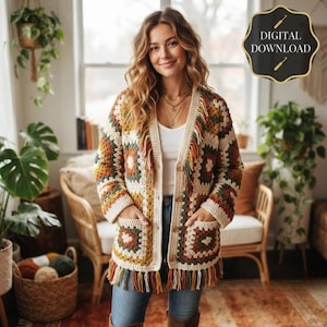 Boho Granny Square Throw Blanket Crochet Pattern, Modern Fringe Afghan PDF, Easy Fall Home Decor DIY Project