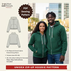 May include: A green unisex zip-up hoodie pattern with a diagram of the hoodie design. The pattern includes sizes XS-4XL and is for fleece and French terry fabric. The image also shows a couple wearing green zip-up hoodies. The text reads "UNISEX ZIP-UP HOODIE PATTERN."