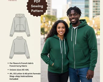 Naaipatroon unisex hoodie met rits, pdf, oversized sweater met capuchon, doe-het-zelf fleece hoodiejack