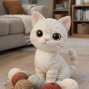 Pode incluir: Um gato de crochê feito à mão com olhos grandes e escuros e um nariz rosa está sentado em um chão de madeira. Várias bolas de fio em tons de marrom, bege e vermelho estão espalhadas ao redor do gato.