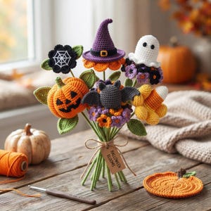 May include: A crochet bouquet featuring a jack-o'-lantern, a purple witch hat, a white ghost, a grey bat, and candy corn, all accented with small flowers and green leaves. A brown paper tag tied with twine reads HALLOWEEN BLOOMS.