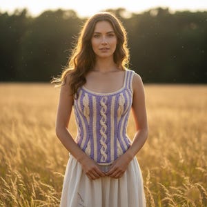 Może przedstawiać: Ręcznie robiony top z szydełka w kolorze lawendy i kremu, z kwadratowym dekoltem i detalami warkoczowymi. Pionowy wzór w paski jest kluczowym elementem projektu.