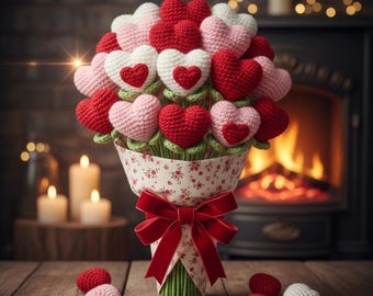 Valentijn gehaakt hartboeketpatroon pdf, amigurumi liefdeshart bloem zelfstudie, doe-het-zelf Valentijnsdagcadeau, digitale download, haken