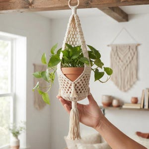 Peut inclure: Une suspension pour plantes en macrame couleur creme avec un tissage a motif losange et un long pompon inferieur. Elle contient un pot en terre cuite avec une plante pothos aux feuilles vertes tombantes, suspendue par un anneau en bois.