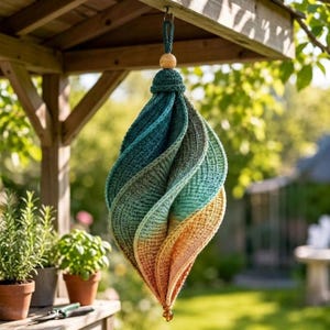 May include: A hanging crochet ornament featuring a spiraling, teardrop-shaped design with a gradient color transition from deep teal at the top to light green, yellow, and warm orange at the bottom, finished with a wooden bead at the top.