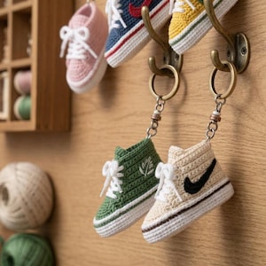 Op de afbeelding: Een collectie van gehaakte miniatuur sneaker sleutelhangers in diverse kleuren zoals roze, marineblauw, geel, groen en beige. Elke sneaker is voorzien van witte veters, een witte rubberen zool en een metalen ring aan een zilverkleurig kettinkje.