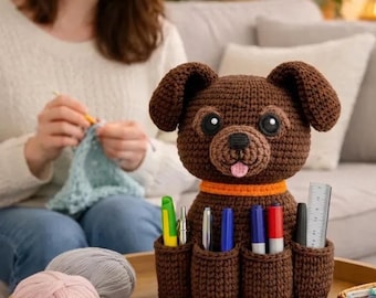 Patroon gehaakt donkerbruin hondenbureau - pennenhouder amigurumi-puppy - geïnspireerd op chocoladelab
