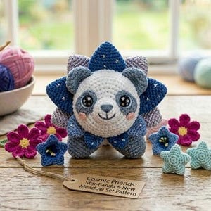 Puede incluir: Un juguete de panda tejido a ganchillo con una melena en forma de estrella en tonos azul, blanco y gris, rodeado de pequeñas flores y estrellas tejidas. Una etiqueta de papel marrón tiene el texto "Cosmic Friends: Star-Panda & New Meadow Set Pattern".