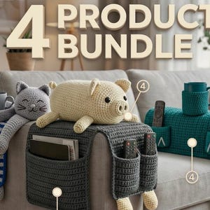 May include: A product bundle of four crochet sofa arm organizers. The organizers are in various colors and designs, including a cat, a pig, and solid colors. Each organizer has pockets for remotes, books, and mugs. The text "4 PRODUCT BUNDLE" is at the top.