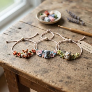 May include: Three adjustable bracelets featuring crocheted animal charms: a fox with orange flowers, an elephant with pink and blue flowers, and an owl with green leaves. Each bracelet has a thin cord and a small tag labeled Handmade - New Design.