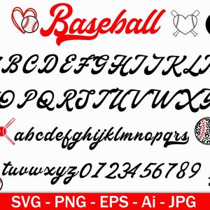 Può includere: Un design digitale con grafica a tema baseball e un alfabeto completo in corsivo. La parola "Baseball" è in rosso. Include palline e mazze da baseball e i formati SVG, PNG, EPS, Ai e JPG.