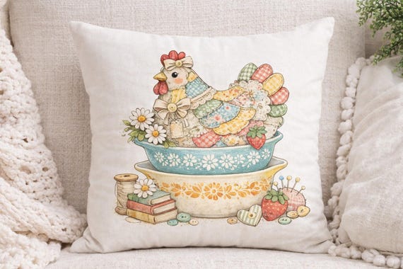 Patchwork Vintage Hen PNG, Quilted Chicken Pyrex Style, Chicken PNG, Pyrex PNG, Thrifty Png, Quilted, Grandma Core Png,Preppy Png,Trendy Png