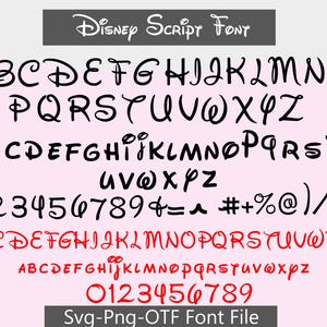 May include: A pink background displays the Disney Script Font, showcasing the alphabet in uppercase and lowercase, along with numbers and symbols. The font is presented in black and red, with the text "Disney Script Font" at the top.