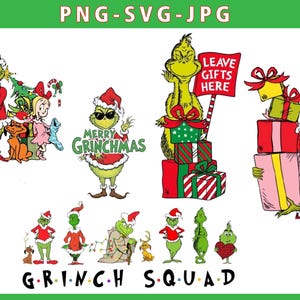 May include: A collection of Grinch-themed graphics. The images include the Grinch in various poses, holding gifts, and with other characters. Text includes "Merry Grinchmas" and "Grinch Squad."