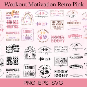 May include: A selection of pink and black workout-themed graphics featuring slogans such as "Cardio is Hardio" and "I Love Burpees." The designs incorporate dumbbells, pizza slices, and beer bottles, ideal for fitness enthusiasts. The image also includes the text "Workout Motivation Retro Pink."