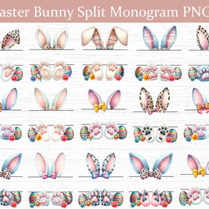 Könnte beinhalten: Eine Sammlung von Ostern-Themen-Split-Monogramm-Designs. Die Designs zeigen Hasenohren mit verschiedenen Mustern und Farben, zusammen mit Ostereiern und Pfotenabdrücken. Der Text "Easter Bunny Split Monogram PNG" steht oben.