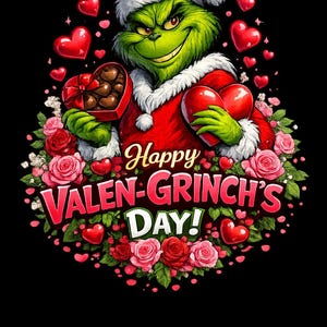 May include: A digital illustration of the Grinch in a Santa hat and red coat, holding a heart-shaped box of chocolates and a red heart. The image is surrounded by red hearts and roses, with the text "Happy VALEN-GRINCH'S DAY!" on a black background.