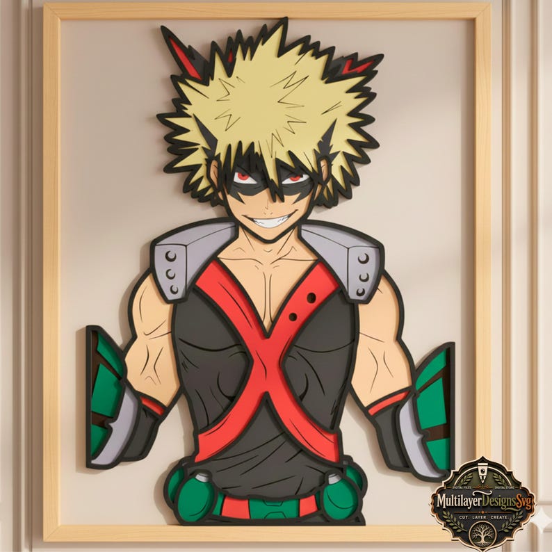 May include: A framed, layered paper art piece featuring a character with spiky blonde hair, red eyes, and a confident grin. The character wears a black and red outfit with green accents. The artwork is set against a neutral background.