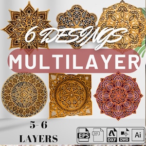 6 Set van 3D Mandala SVG Multilayer, Laser Cut-bestand, Multilayer Mandala Laser-bestanden, Muurkunst Vectorbestanden Svg