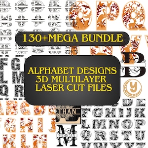 Puede incluir: Una colección digital de más de 130 diseños de alfabeto para archivos de corte láser multicapa 3D. La imagen muestra varios estilos de letras, incluyendo monogramas divididos, siluetas con temas de naturaleza y patrones geométricos en negro y naranja.