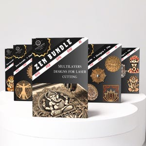Puede incluir: Un conjunto de cinco archivos de diseño digital para corte por láser. Los archivos están etiquetados como "Zen Bundle" e incluyen los formatos SVG, PDF, EPS, DXF y AI. Los diseños presentan intrincados mandalas, patrones geométricos y símbolos espirituales.