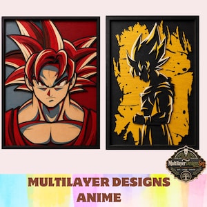 Puede incluir: Dos piezas de arte mural rectangular enmarcadas con recortes de madera en capas de personajes de anime. La pieza de la izquierda muestra un personaje con cabello rojo puntiagudo sobre fondo rojo. La derecha muestra una silueta negra sobre amarillo.