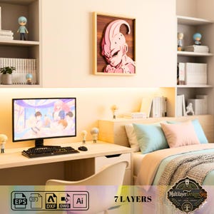 May include: A multi-layered pink and brown wall art piece featuring a character from Dragon Ball Z. The artwork is framed in a light wood border and mounted on a light-colored wall. The image also shows a computer monitor, desk, and bed.