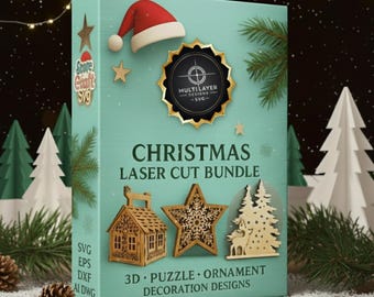 May include: A teal box set featuring a Christmas Laser Cut Bundle. The box includes wooden ornaments like a house, star, and tree. The text on the box reads "Christmas Laser Cut Bundle" and "3D Puzzle Ornament Decoration Designs."